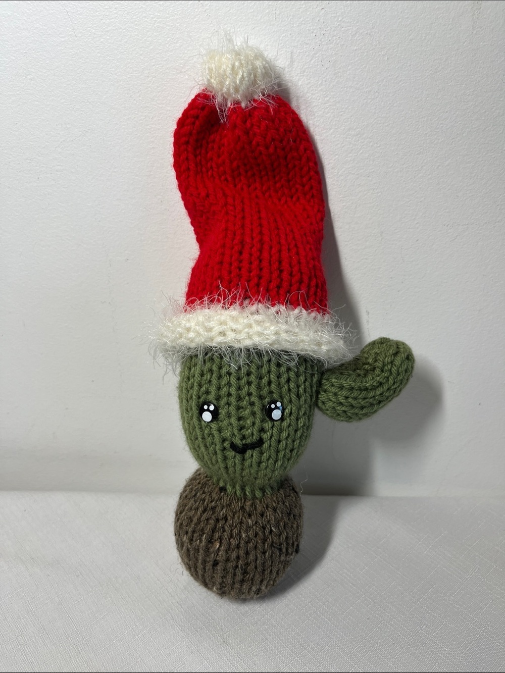 Hand-Knit Green Cactus Holiday Ornament with Red Santa Hat